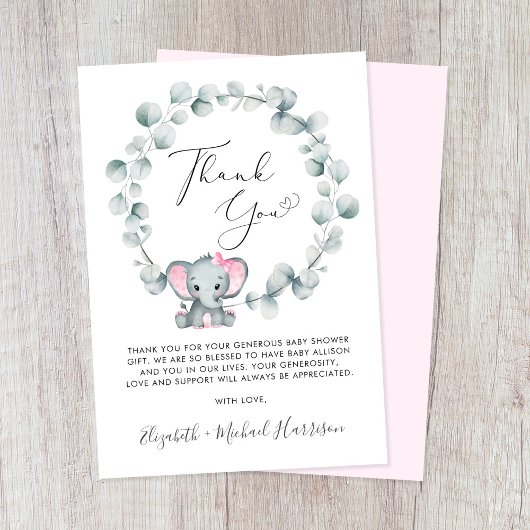 Niedliche Elephant Baby Girl Dusche Dankeskarte
