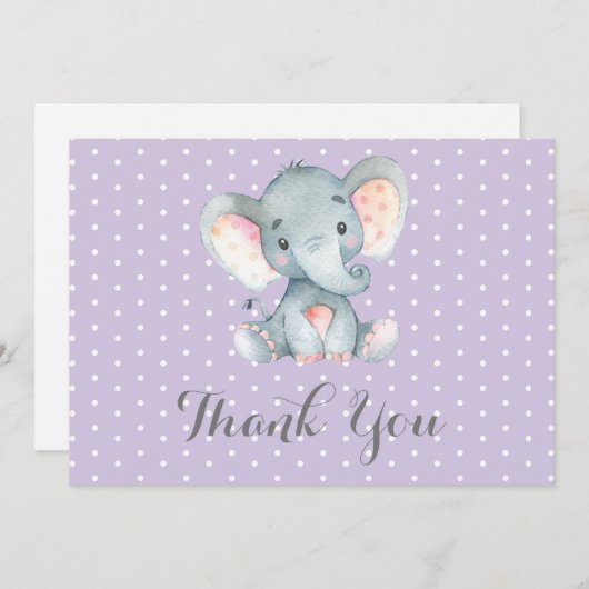 Niedliche Elephant Baby Girl Lila und grau Dankeskarte (Vorne/Hinten)