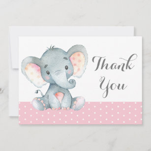 Niedliche Elephant Baby Girl Pink und Grau Dankeskarte