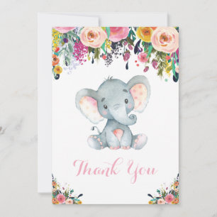 Niedliche Elephant Baby Girl Pink und Grau Dankeskarte
