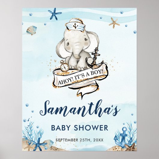 Niedliche Elephant Babydusche für Nautical Sailor Poster (Vorne)