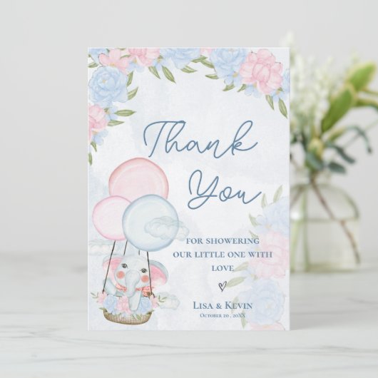 Niedliche Elephant Balloons Rosa Blumenblütendusch Dankeskarte (Stehend Vorderseite)