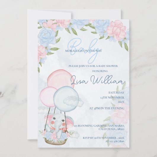 Niedliche Elephant Balloons Rosa Blumenblütendusch Einladung (Vorderseite)