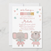 Niedliche Elephant & Bear Girl Babydusche Einladung (Vorderseite)