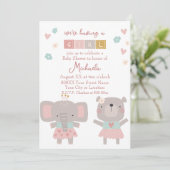 Niedliche Elephant & Bear Girl Babydusche Einladung (Stehend Vorderseite)