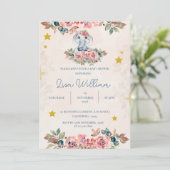 Niedliche Elephant Blue Peach Green Floral Baby Du Einladung (Stehend Vorderseite)