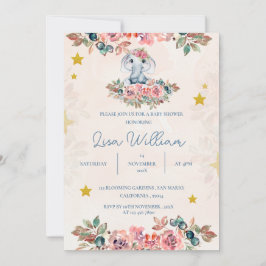 Niedliche Elephant Blue Peach Green Floral Baby Du Einladung