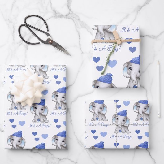 Niedliche Elephant Blue Winter Baby Boy Dusche Geschenkpapier Set (Vorderseite)