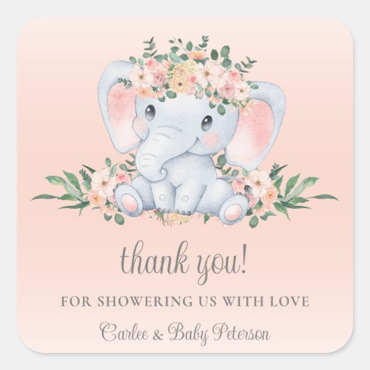 Niedliche Elephant Blush Pink Floral Girl Babydusc Quadratischer Aufkleber (Vorderseite)