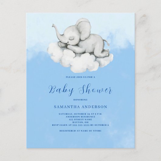 Niedliche Elephant Budget Boy Baby Dusche Einladun (Vorderseite)