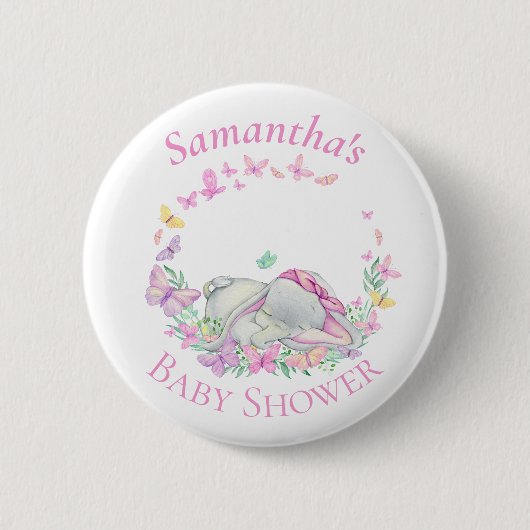 Niedliche Elephant Butterflies Pink Baby Showknopf Button (Vorderseite)