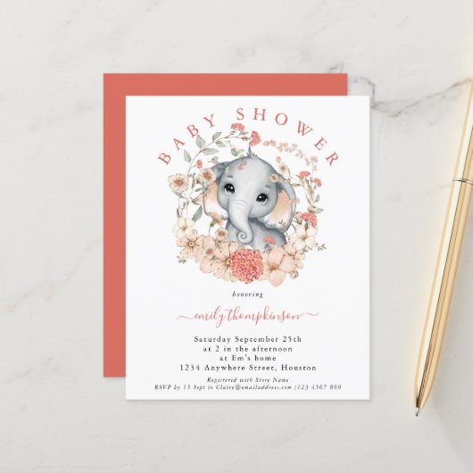 Niedliche Elephant Coral Baby Dusche Einladung (Vorderseite/Rückseite Beispiel)