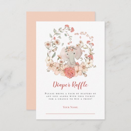 Niedliche Elephant Diaper Raffle Peach Baby Dusche Begleitkarte (Vorne/Hinten)