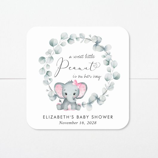 Niedliche Elephant Eucalyptus Baby Girl Dusche Quadratischer Aufkleber