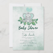 Niedliche Elephant Greenery Watercolor Babydusche Einladung (Vorderseite)
