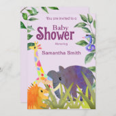 Niedliche Elephant Lion Giraffe Grüne Kinderdusche Einladung (Vorne/Hinten)