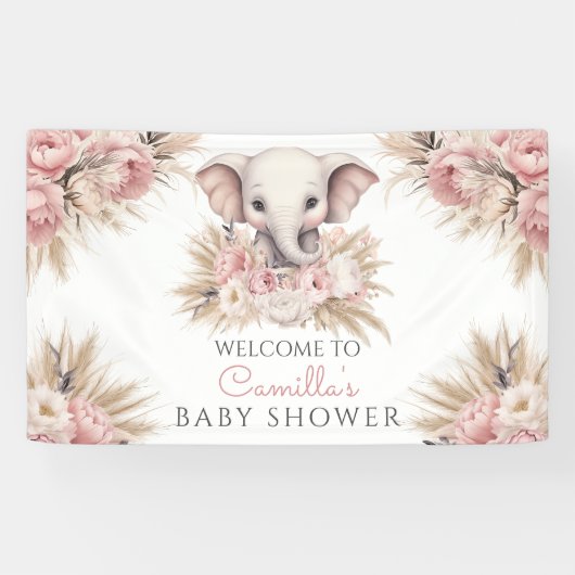 Niedliche Elephant Pink Boho Girl Babydusche Banner (Horizontal)
