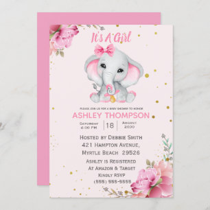 Niedliche Elephant Pink Floral Baby Dusche Einladu Einladung