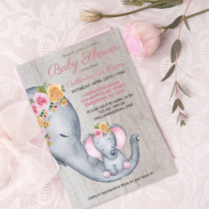 Niedliche Elephant Pink Floral Baby Dusche Einladu Einladung