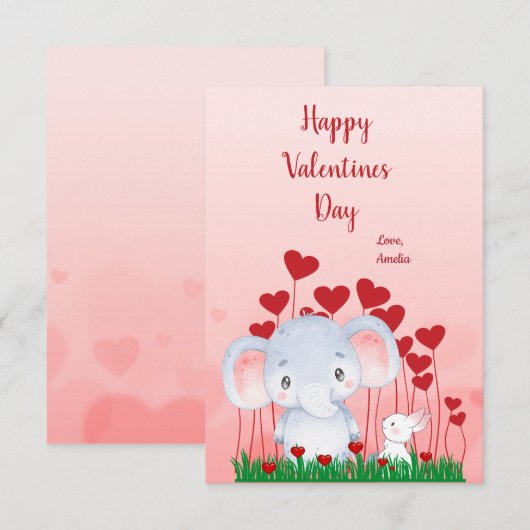 Niedliche Elephant Rabbit Friends Red Hearts Valen Karte (Vorne/Hinten)
