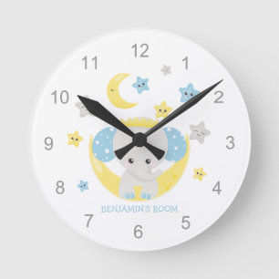 Niedliche Elephant Stars Name Baby Boy Kinderzimme Runde Wanduhr