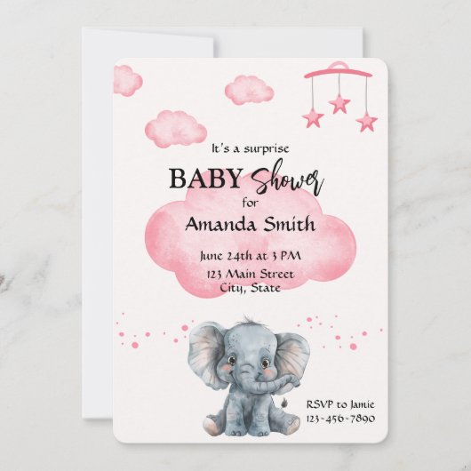 Niedliche Elephant Surprise Babydusche Rosa Einlad Einladung (Vorderseite)