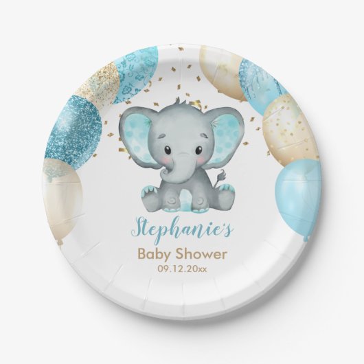 Niedliche Elephant Turquiose Gold Balloons Babydus Pappteller (Vorderseite)