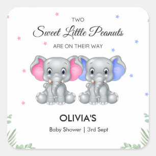 Niedliche Elephant Twin Girl Boy Babydusche Quadratischer Aufkleber