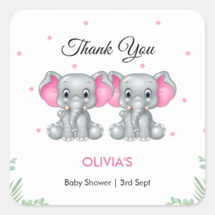 Niedliche Elephant Twin Girls Babydusche Danke Quadratischer Aufkleber
