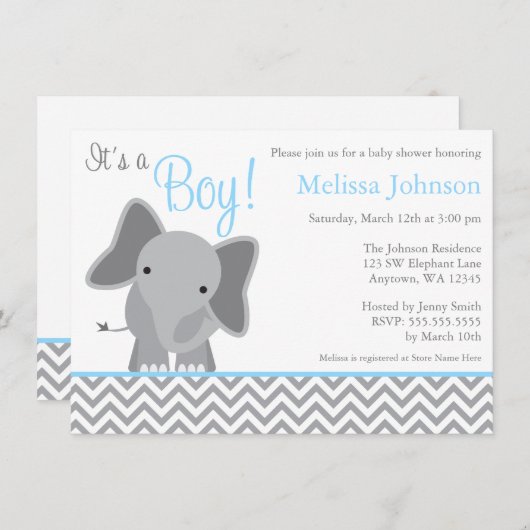 Niedliche Elephant Zickzack Light Blue Baby Dusche Einladung (Vorne/Hinten)