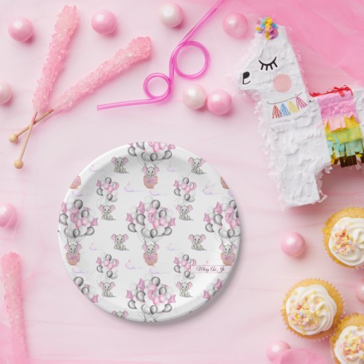 Niedliche Elephants Balloons & Clouds Baby Girl Pappteller (Party)