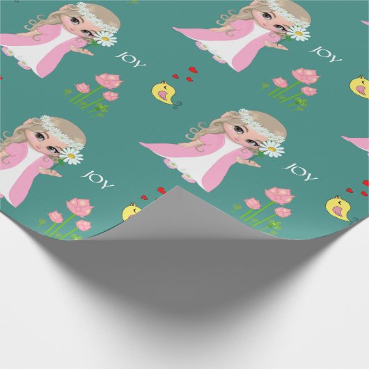 Niedliche Elf und Blume auf Aquamarin Geschenkpapier (Ecke)