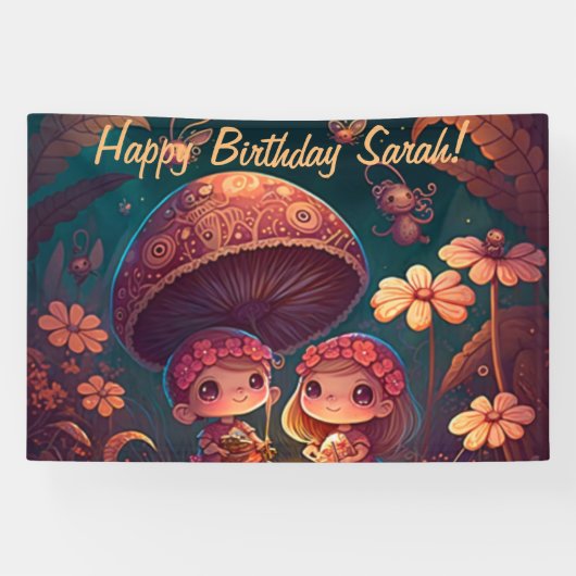 Niedliche Elfen spielen unter Pilzen Banner (Horizontal)