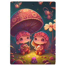 Niedliche Elfen spielen unter Pilzen Klemmbrett