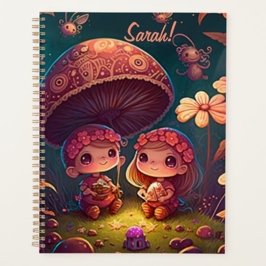 Niedliche Elfen spielen unter Pilzen Planer (Vorderseite)