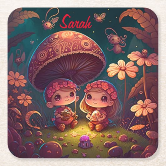 Niedliche Elfen spielen unter Pilzen Rechteckiger Pappuntersetzer (Vorderseite)