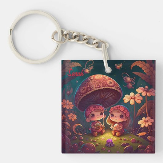 Niedliche Elfen spielen unter Pilzen Schlüsselanhänger (Vorderseite)