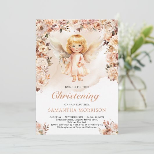 Niedliche Engel und Blume aus Elfenbein Einladung (Stehend Vorderseite)