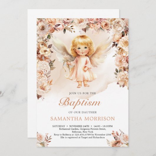 Niedliche Engel und Blume aus Elfenbein Einladung (Vorne/Hinten)