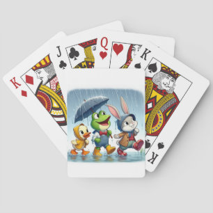 Niedliche Ente, Frosch, im Regen sonnig Spielkarten