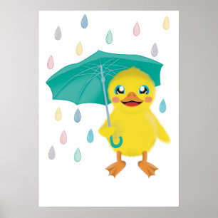Niedliche Ente mit Regenschirm in Regenbogenregen Poster