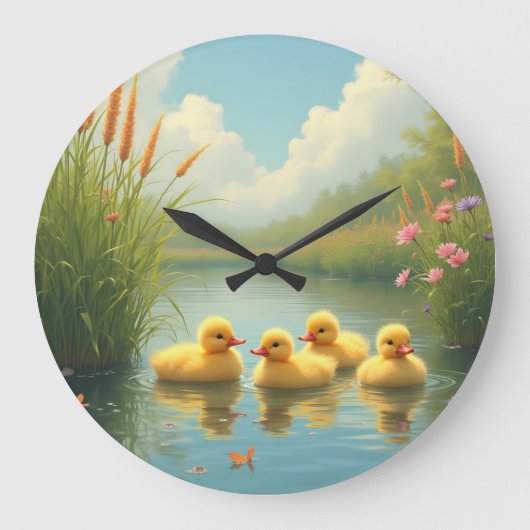 niedliche Enten im Teich mit Blume Große Wanduhr (Vorderseite)