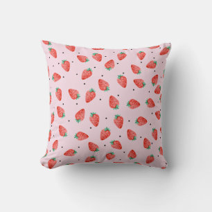 Niedliche Erdbeerdecke mit schwarzen Punkten, rosa Kissen