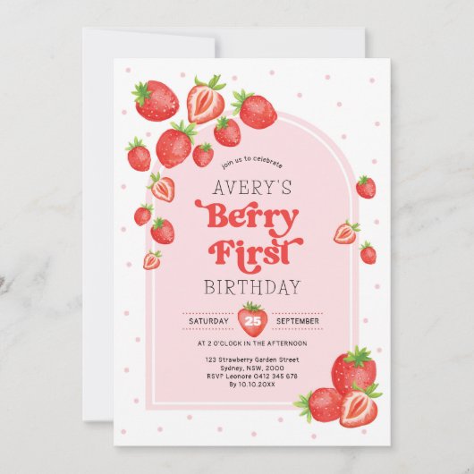 Niedliche Erdbeere Berry Erster Geburtstag Einladung (Vorderseite)