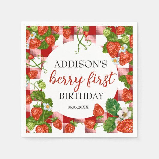 Niedliche Erdbeere Berry Erster Geburtstag Serviette (Vorderseite)