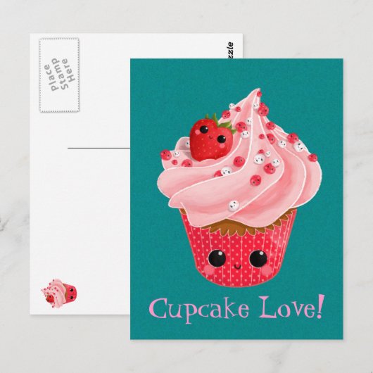 Niedliche Erdbeere Cupcake Postkarte (Vorne/Hinten)