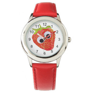 Niedliche Erdbeere Kinder sehen roten Strahl zu Armbanduhr