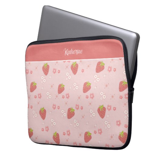 Niedliche Erdbeere mit Blume. Laptopschutzhülle (Vorderseite Links)