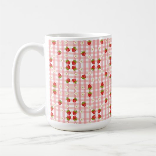 Niedliche Erdbeere und Blume auf einem rosa Gingha Kaffeetasse (Links)