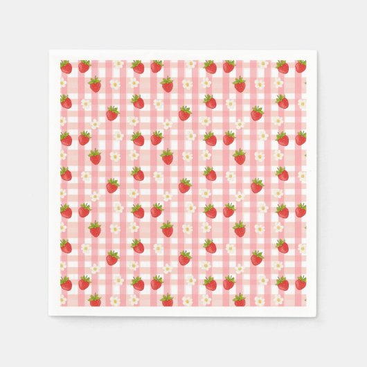 Niedliche Erdbeere und Blume auf einem rosa Gingha Serviette (Vorderseite)
